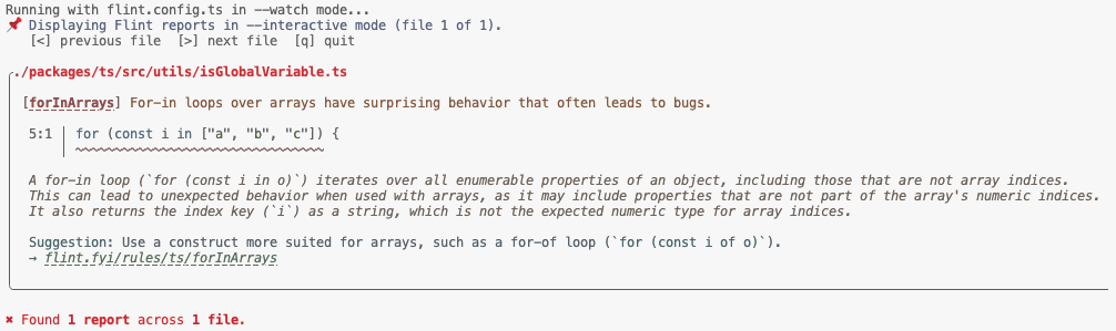 Light mode view of the Flint terminal in --interactive --watch mode, showing 1 file's ts/forInArrays violation with details out of 4 files.